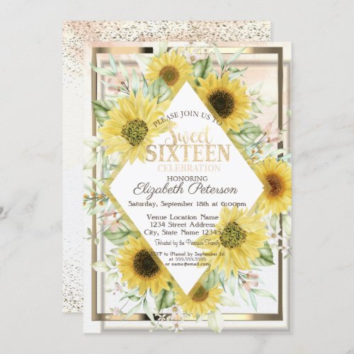 Watercolor Gold Frame Sunflowers Sweet 16 Invitation
