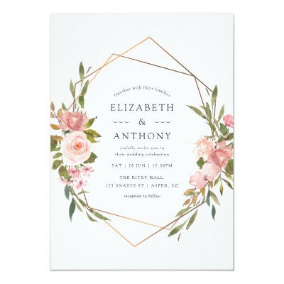 Watercolor Gold Geometric Blush Pink Roses Wedding Invitation