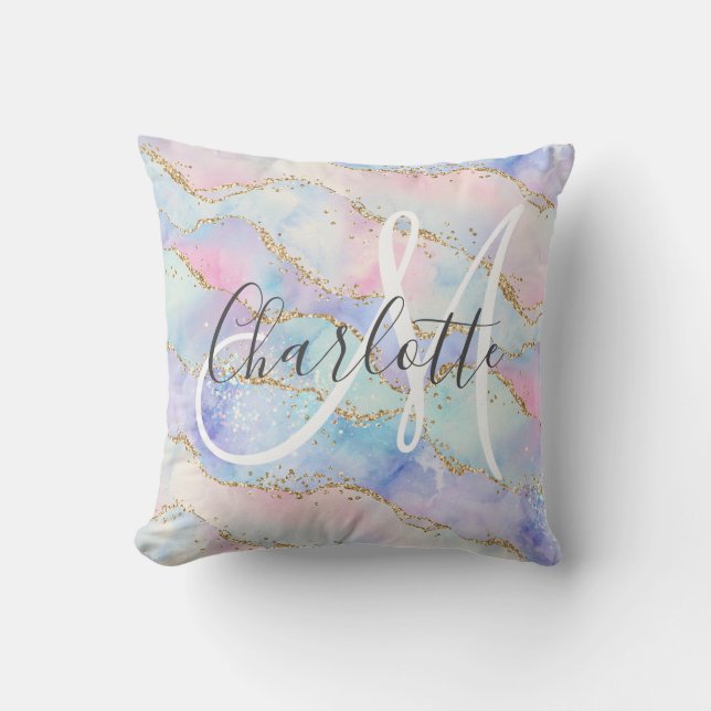 Watercolor gold glitter agate monogram throw pillow (Front)