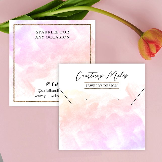 Watercolor Gold Glitter Bracelet Earrings Display Square Business Card (Feminine pastel watercolor and gold glitter jewelry display tags for earrings necklaces & bracelets)