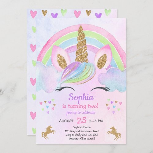 Watercolor Gold Glitter Cute Unicorn Girl Birthday Invitation