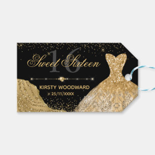 Watercolor Gold Glitter Dress & Glam Edge Sweet 16 Gift Tags