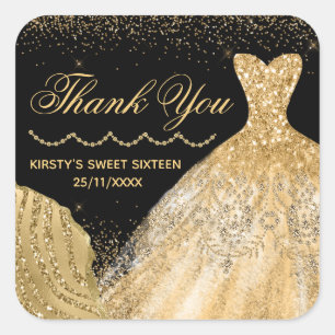 Watercolor Gold Glitter Dress & Glam Edge Sweet 16 Square Sticker