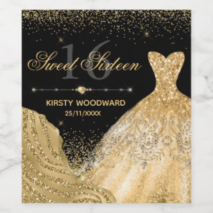 Watercolor Gold Glitter Dress & Glam Edge Sweet 16 Wine Label