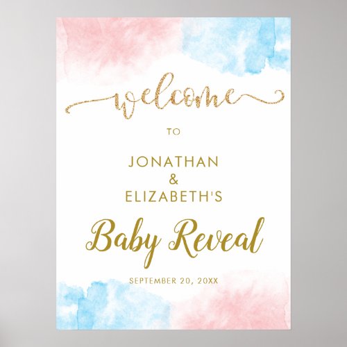 Watercolor Gold Glitter Gender Reveal Welcome Poster