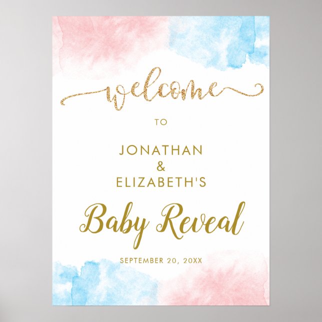 Watercolor Gold Glitter Gender Reveal Welcome Poster (Front)