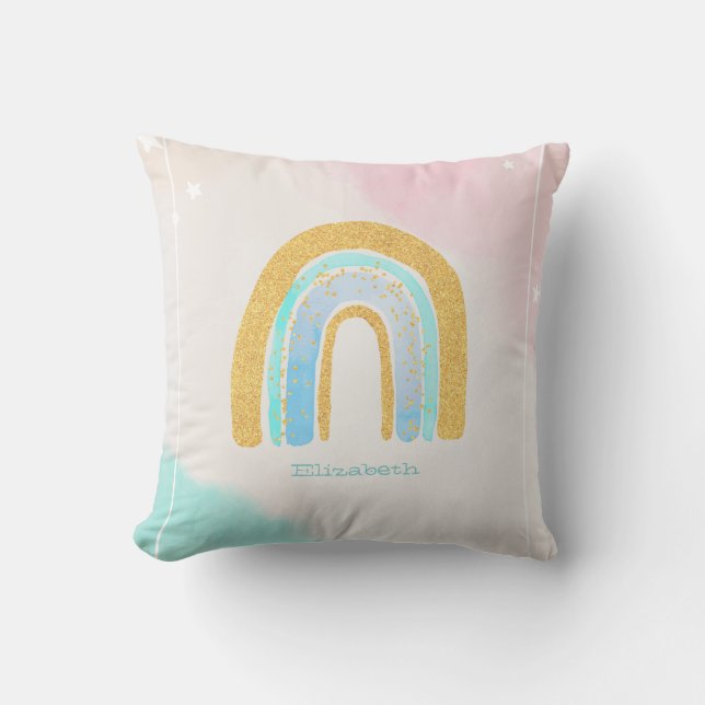 Watercolor Gold Glitter Rainbow  Throw Pillow (Front)