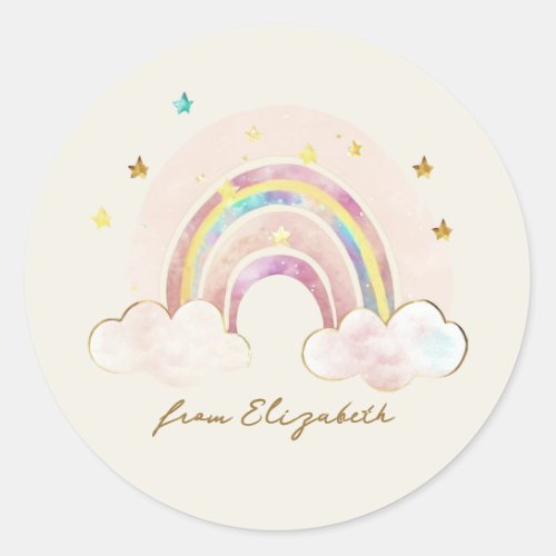 Watercolor Gold Glitter Rainbow To From  Classic Round Sticker