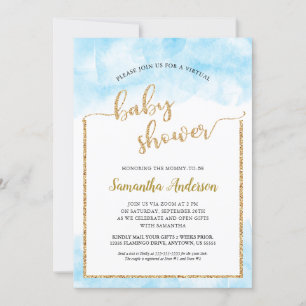Watercolor Gold Glitter Virtual Baby Boy Shower Invitation