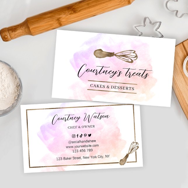 Watercolor Gold Glitter Whisk Bakery Chef Caterer Business Card (Bakery business cards with colorful watercolor background and gold glitter effects)