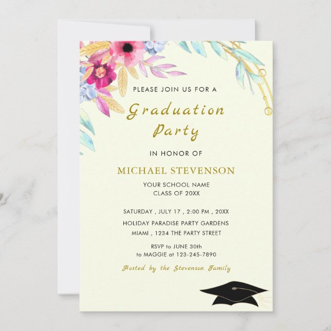 Watercolor Gold Graduation Invitation Card (Front)