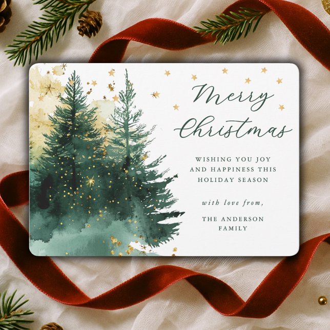 Watercolor Gold Green Forest Christmas Holiday Card (Creator Uploaded)