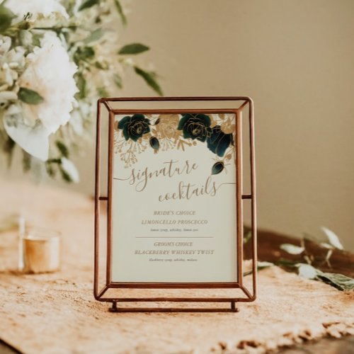 Watercolor Gold Green Roses Cocktail Sign