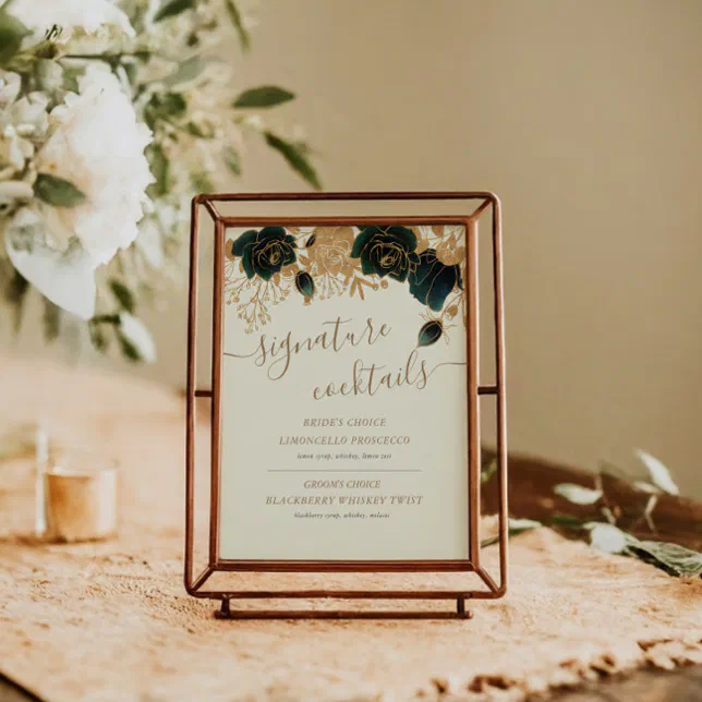 Watercolor Gold Green Roses Cocktail Sign | Zazzle