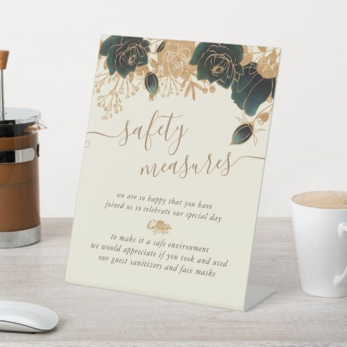 Watercolor Gold Green Roses Safety Measures Pedestal Sign
