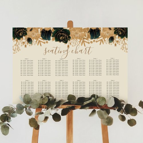 Watercolor Gold Green Roses Seating Chart Sign