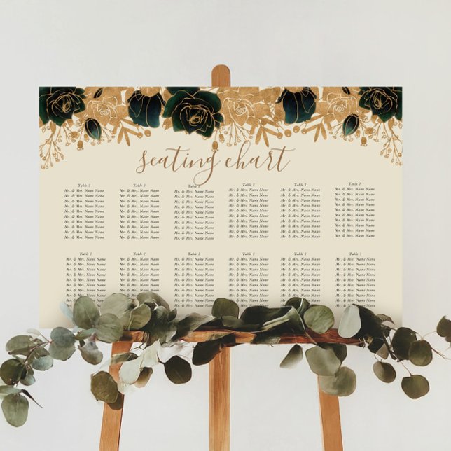 Watercolor Gold Green Roses Seating Chart Sign (Creator Uploaded)