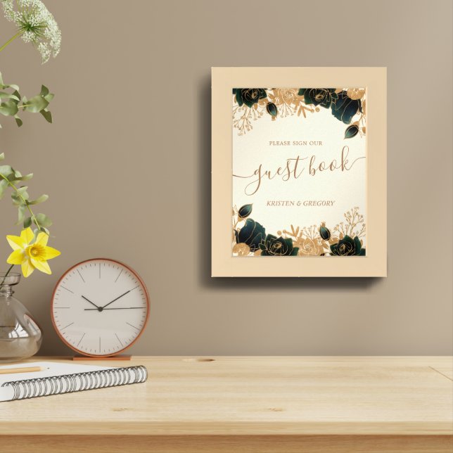 Watercolor Gold Green Roses Wedding Guest Book (Table Top)