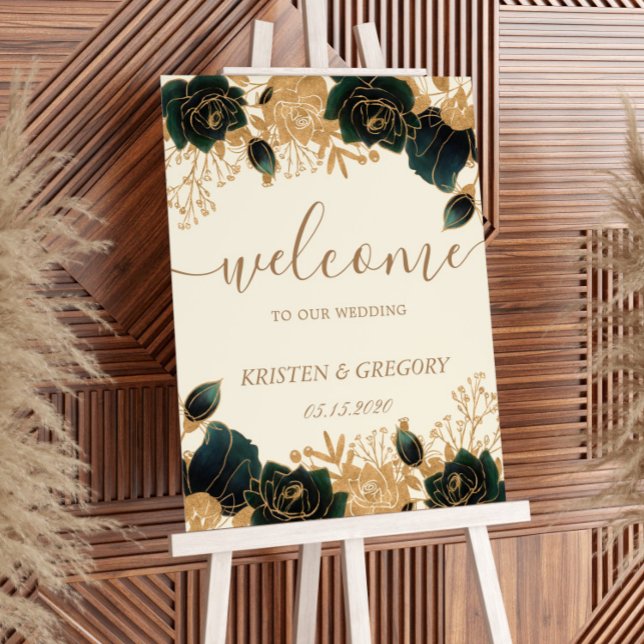 Watercolor Gold Green Roses Wedding Welcome Poster (Creator Uploaded)
