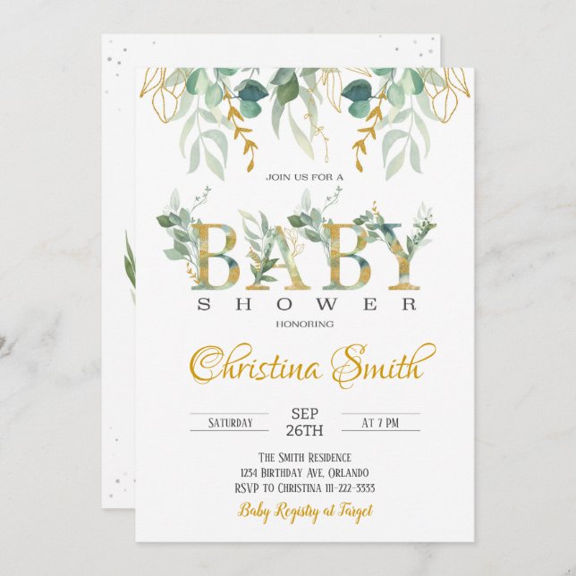 Watercolor Gold Greenery Baby Shower Invitation (Front/Back)