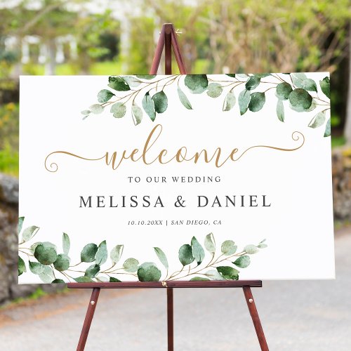 Watercolor Gold Greenery Wedding Welcome Sign