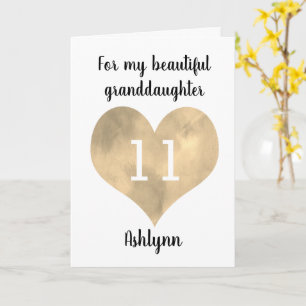 Watercolor Gold Heart 11th Birthday Granddaughter Card
