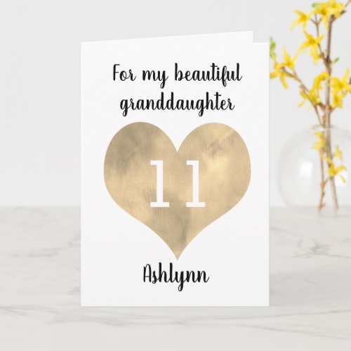 Watercolor Gold Heart 11th Birthday Granddaughter Card