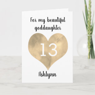 Watercolor Gold Heart 13th Birthday Goddaughter Card