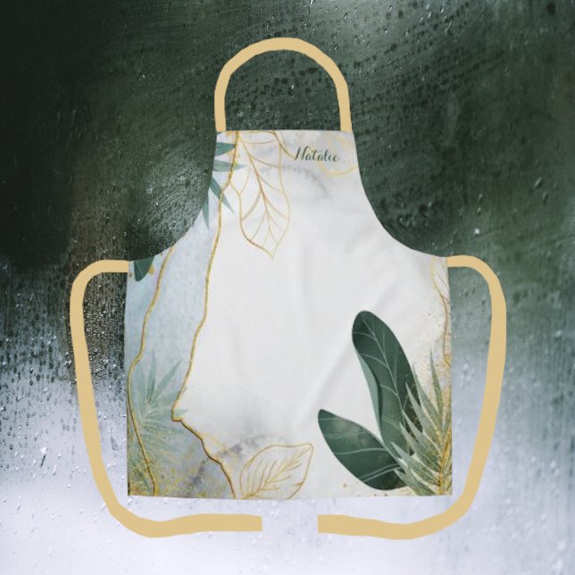Watercolor Gold/Hunter Green Leave Pattern Apron (Creator Uploaded)