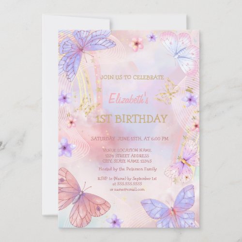 Watercolor Gold Lilac Butterfly Rainbow Birthday  Invitation