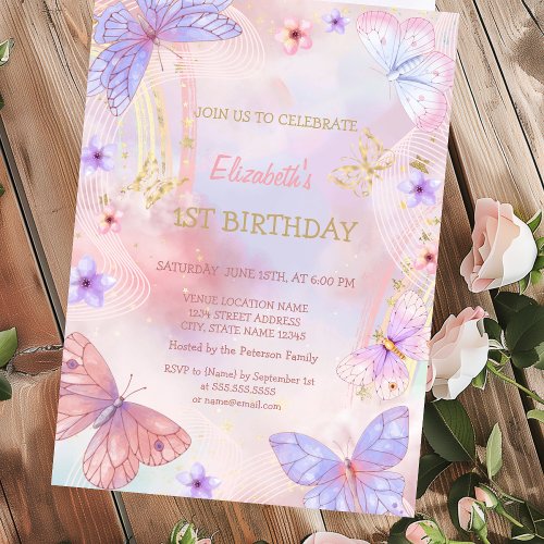 Watercolor Gold Lilac Butterfly Rainbow Birthday  Invitation