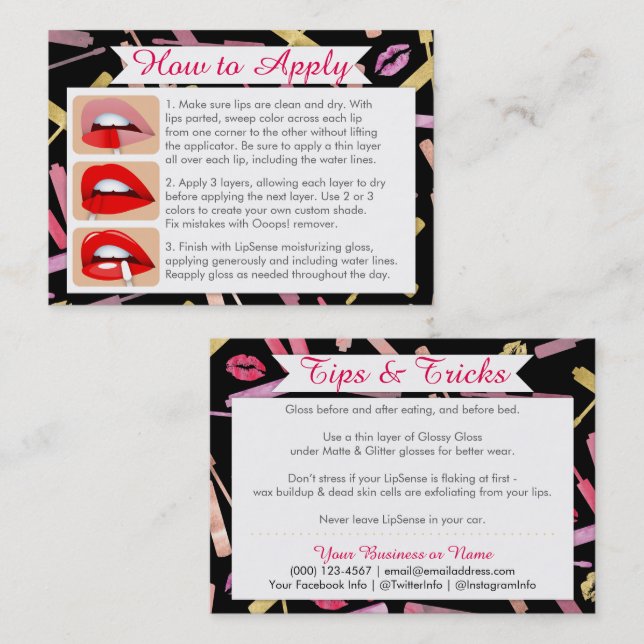 Watercolor & Gold Lipsticks Apply and Tips Cards (Front/Back)