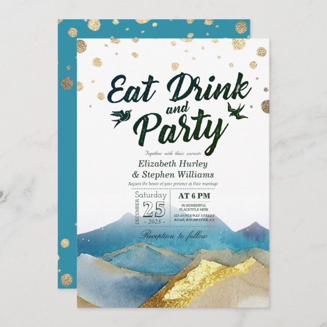 Watercolor Gold Mountain EAT Drink & Party Wedding Invitation (Front/Back)
