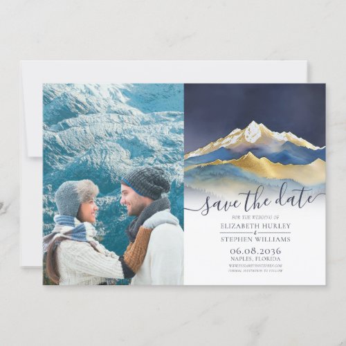 Watercolor Gold Mountain Outdoor Wedding Photo Save The Date