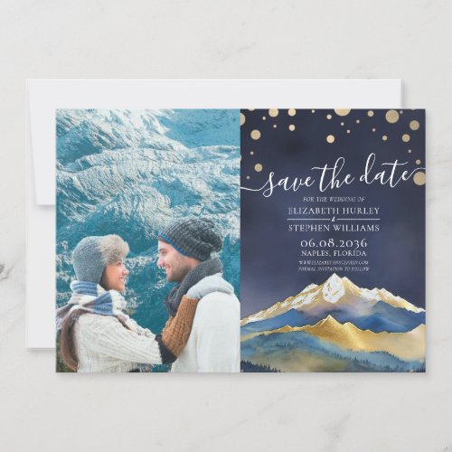Watercolor Gold Mountain Outdoor Wedding Photo Save The Date