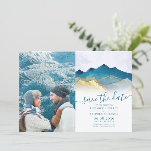 Watercolor Gold Mountain Outdoor Wedding Photo Save The Date