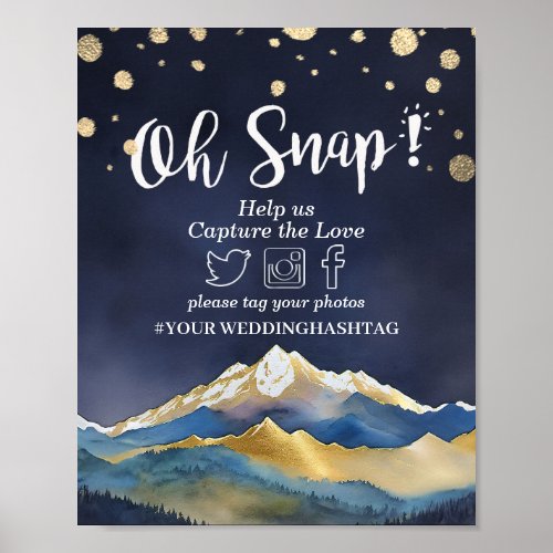 Watercolor Gold Mountain Wedding Snap Hashtag Sign