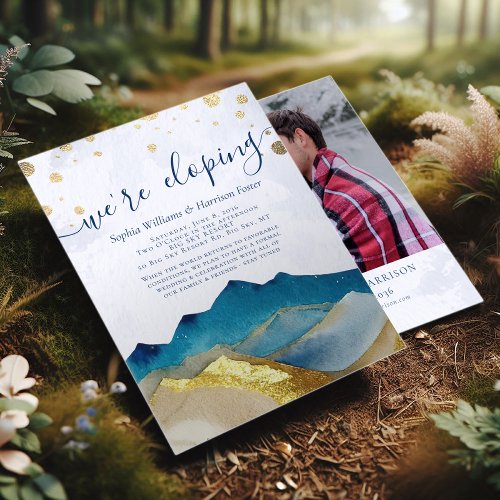 Watercolor Gold Mountains Photo Wedding Elopement  Invitation
