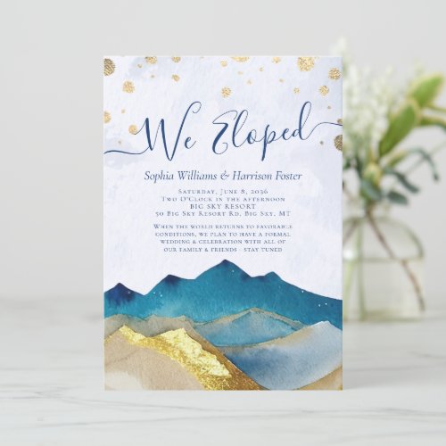 Watercolor Gold Mountains Photo Wedding Elopement Invitation