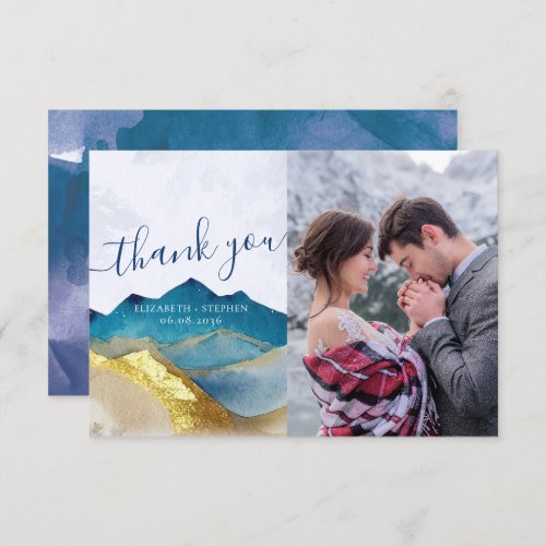 Watercolor Gold Mountains Wedding Photo Thank You