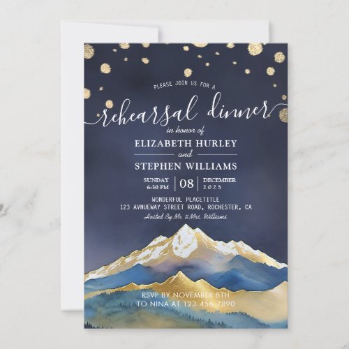 Watercolor Gold Mountains Wedding Rehearsal Dinner Invitation