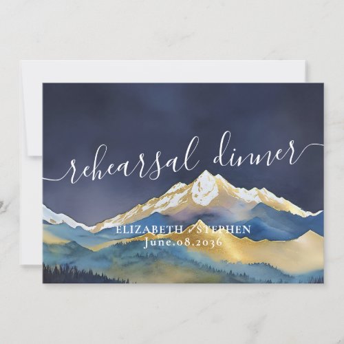 Watercolor Gold Mountains Wedding Rehearsal Dinner Invitation