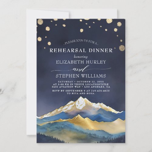 Watercolor Gold Mountains Wedding Rehearsal Dinner Invitation