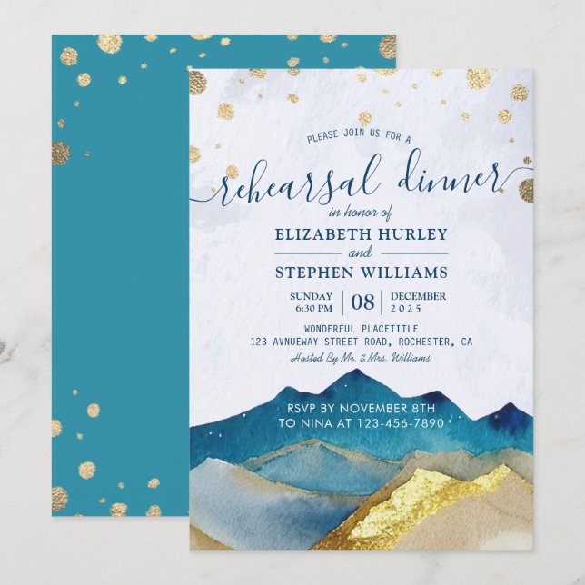 Watercolor Gold Mountains Wedding Rehearsal Dinner Invitation (Front/Back)