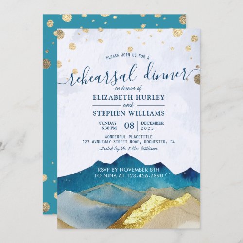 Watercolor Gold Mountains Wedding Rehearsal Dinner Invitation