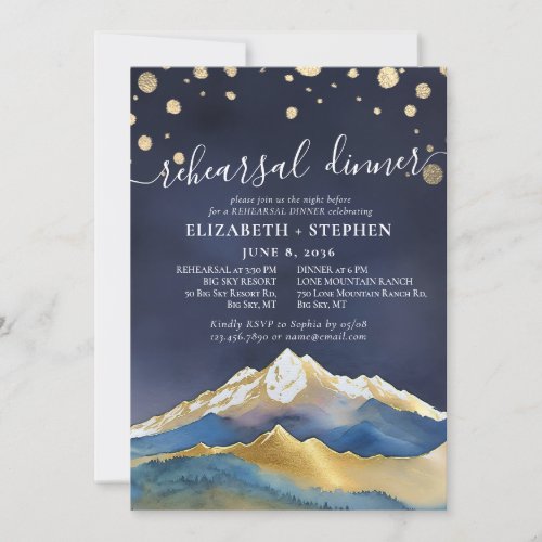 Watercolor Gold Mountains Wedding Rehearsal Dinner Invitation