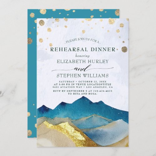 Watercolor Gold Mountains Wedding Rehearsal Dinner Invitation