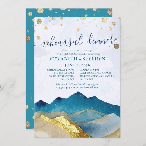 Watercolor Gold Mountains Wedding Rehearsal Dinner Invitation