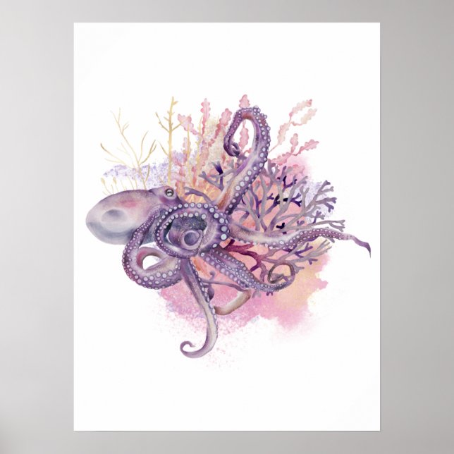 Watercolor & Gold Octopus Wall Art Poster (Front)