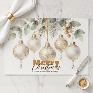 Watercolor Gold Ornaments Christmas Paper Placemat